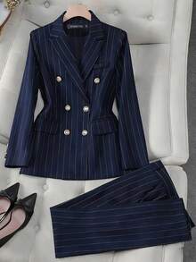 HOMEYEE Striped Fabric Retro Casual Elegant Business Professional Plus Size Suit Pants & Jacket Set