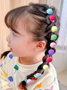 10个/套 女孩糖果色毛球高弹力日常发圈，可爱发绳，儿童发饰，不伤头发 - 彩色 - 查看 3