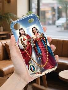 Funda de teléfono con diseño religioso de Jesús y la Virgen María, estampado con imagen clásica de ambos personajes sosteniendo un rosario, corazones sagrados y cruz cristiana, estilo devocional y espiritual ideal para fechas religiosas y uso diario, funda transparente, resistente a golpes, alta transparencia, compatible con iPhone17/16/15/14/13/12/11/Plus/Pro/ProMax, compatible con Galaxy A34/A35/A54/A55, Galaxy S20/S21/S22/S23/S24/S25 Ultra/Plus, compatible con Moto/Galaxy/Redmi/Honor/OPPO - transparente - Ver 3