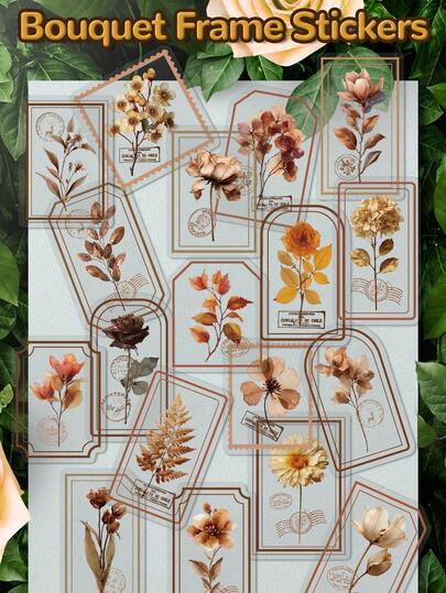50pcs Vintage Bouquet Frame Stickers, PET Material - Beautiful And Fresh With Floral, Leaf, And Postmark Patterns Perfect For Decorating Scrapbooks, Guitars, Skateboards, Laptops, Envelopes, Suitcases, And Gifts - Arts And Crafts Stickers
