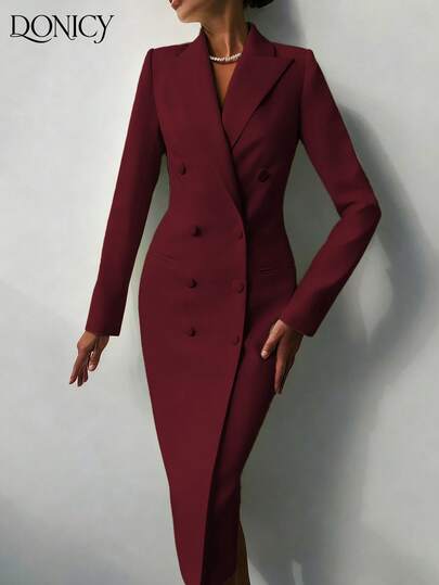 DONICY Women's Elegant Red Double-Breasted Solid Color Blazer Jacket, Fashionable Casual Long Coat With Buttons, Autumn/Winter