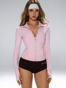 Phong cách Âu-Mỹ, dáng ôm tôn dáng, thiết kế tiện dụng, trang phục đa năng - Thích hợp cho yoga/hoạt động ngoài trời/tập luyện, tối ưu hóa sự thoải mái khi vận động, #Thời trang thể thao đô thị #Phong cách thể thao #Lớp áo đa năng, Áo khoác tập luyện nữ có túi, Áo khoác yoga ôm dáng, Áo chạy bộ có lỗ xỏ ngón tay, Áo khoác cổ lọ thể thao ngoài trời mùa xuân - Hồng - Xem 9