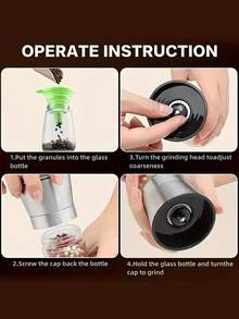 1个手动胡椒研磨器，不锈钢和玻璃材质 - 适用于盐和胡椒粒，研磨粗细可调，无需用电，方便实用的厨房工具，适用于派对、婚礼、圣诞节、万圣节、母亲节、家庭聚会、宿舍、办公室、公司、户外、厨房、浴室、家庭、学校、学生、露营、旅行等场合。