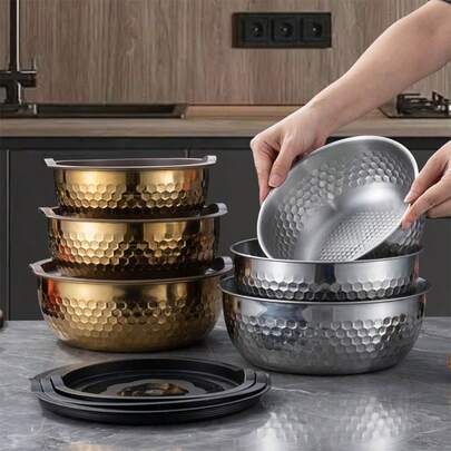 3pcs/Set Stainless Steel Salad Bowl With Lid, Round Kitchen Mixing Bowl, Salad Bowl, Noodle Bowl, Suitable For Mixing Salad, Flour, Eggs, Washing Vegetables, Suitable For Parties, Outdoor Camping, Home Cooking