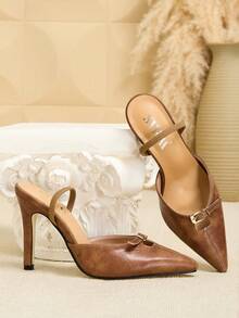 SVRM Women's Pointed Toe Vintage Leather Slip-On Mules With Metal Buckle And Elastic Band, Casual - Brown - View 4