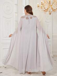 UNITHORSE Plus Women's Stand Collar Floating Piece Sleeve Waistband Maxi New Luxury Beaded Lace Embroidery Waistband Two Pieces Set Turkish Robe Dress For Women - Khaki - View 3