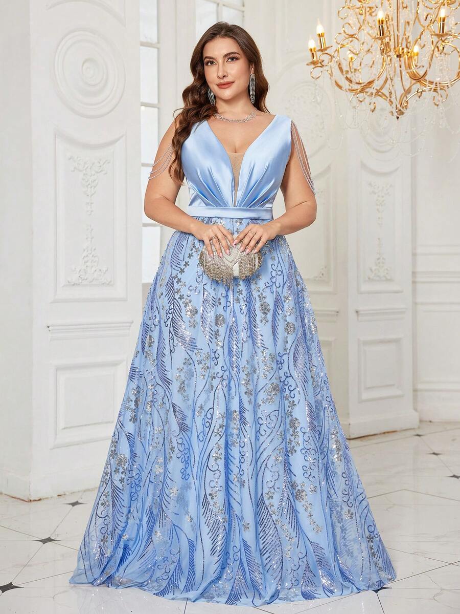 UNITHORSE Plus Feminino [Corte Aleatório] Decote em V Profundo Sem Mangas Lantejoulas Patchwork Cetim Slim Fit Maxi Vestido de Noite - Azul - Ver 1