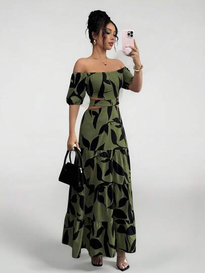 Vestidos Elegantes De Vacaciones De Hombros Descubiertos Para Mujer,Con Anudado Y Diseño Calado (Estampado Floral Aleatorio)