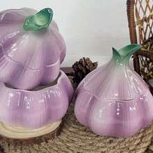 1pc Purple Garlic Ceramic Storage Jar - Tabletop Organizer Box With Lid, Decorative Kitchen & Dining Decor, Durable Ceramic For Home, Office, Or Gift, Perfect For Garlic, Spices, And Small Items, Garlic Storage, Romantic Theme Kitchen Storage Jars - Multicolor - View 5