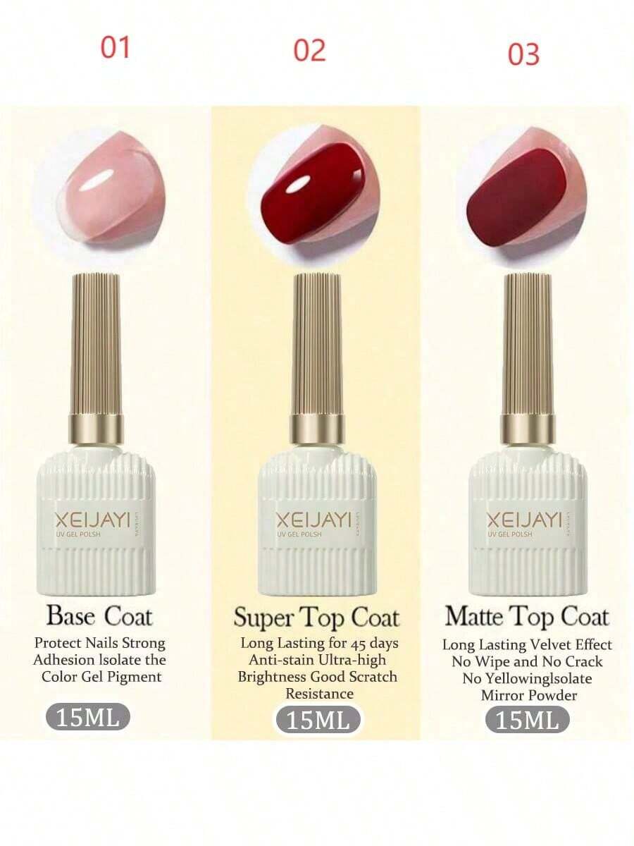 XEIJAYI 3支装15毫升持久功能凝胶底胶、亮面封层和哑光封层，可卸除，搭配LED美甲灯，是圣诞美甲设计的完美之选。 - 無色 - 查看 1