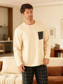 2 件男士加大码休闲宽松简约套头衫，带口袋和格子休闲裤套装，适合春季、秋季、冬季、情人节礼物 - 彩色 - 查看 3