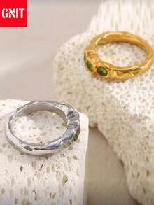 GNIT 限量版橄榄石镶嵌金银纹理戒指，独特设计，可叠戴女士戒指，奢华珠宝，理想的节日礼物 - 金色 - 查看 4