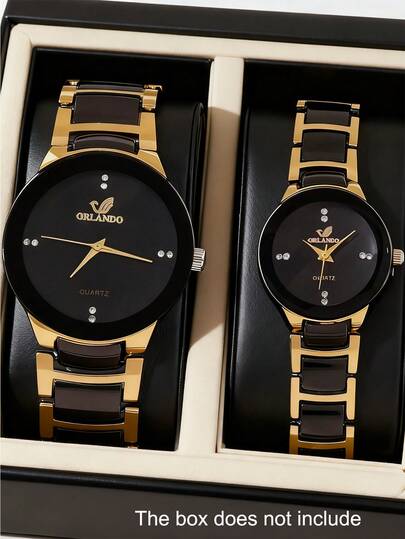 2pcs Luxury Black & Gold Couple Watches, Stainless Steel Strap And Crystal-Encrusted Round Dial. Versatile Design Suitable For Commuting, Dates And Formal Occasions. A Thoughtful Gift For Your Loved One, Ideal For Anniversary, Birthday, Ramadan And Everyday Wear.