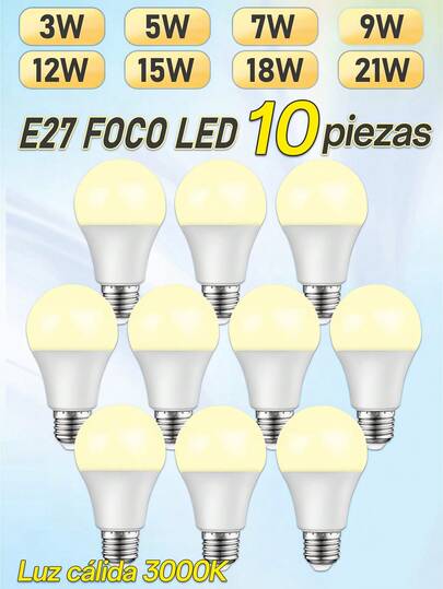 1/6/10/20/30/50 pcs Bombillas LED(3000K luz cálida),foco de alta potencia LED,Brillo de 3W/5W/7W/9W/12W/15W/18W/21W (300-2100 Lúmenes), Esmerilado Antidesmoronable, Base Mediana E27,Eficiencia Energética y Duradera,foco LED de alta potencia, ideal para lugares exteriores o interiores,Lampada sala de estar hogar LED Bombilla.(no regulable)