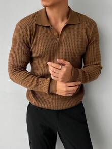 WAIT HIM Suéter de cuello polo de manga larga de unicolor y textura casual para hombre