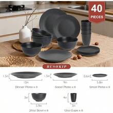 - Juego de vajilla de paja de trigo de 40 piezas, juego de platos irrompibles para 8, platos y cuencos aptos para lavaplatos y microondas, platos de plstico reutilizables, cuencos, tazas de - negro - - Ver 3