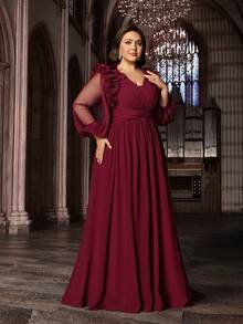 Đầm dạ hội maxi chiffon họa tiết hoa dành cho nữ cỡ lớn, thanh lịch, thích hợp cho các bữa tiệc, trang trọng, màu trơn, cổ chữ V sâu, tay dài, xẻ tà, thích hợp cho đám cưới, mùa xuân. - Màu Đỏ Sâu - Xem 5