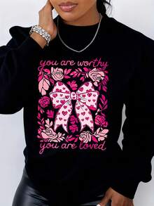 You Are Worthy You Are Loved Pink Bow Roses Design Sweatshirt Women Black Crewneck Long Sleeve Graphic Pullover Top - Black - View 2