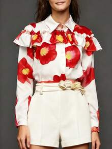 女士优雅印花高领长袖衬衫，荷叶边装饰，纽扣前襟休闲上衣