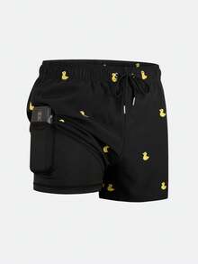 Men's Simple Shorts With Lining, Swim Trunks With Pockets, Beach Shorts - Black - View 1