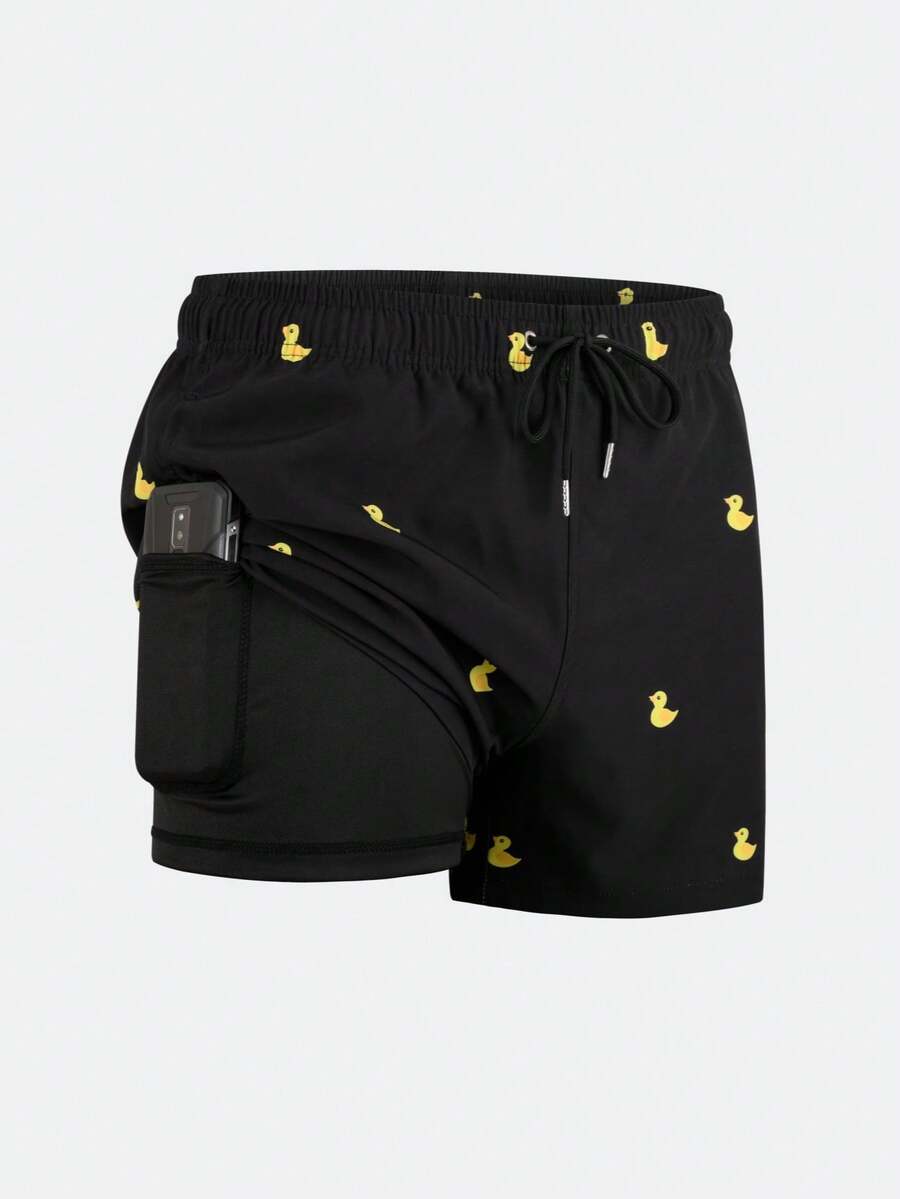 Men's Simple Shorts With Lining, Swim Trunks With Pockets, Beach Shorts - Black - View 1