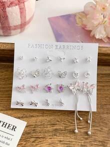 11 对猫眼耳钉套装，浅色蝴蝶结，闪光粉色耳环，锌合金水钻耳环，时尚适合日常佩戴，送给女朋友的礼物