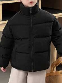 1pc Tween Boys Casual Solid Color Outdoor Stand Collar Thermal Lined Thick Jacket, Versatile, Spring/Autumn/Winter - Black - View 6