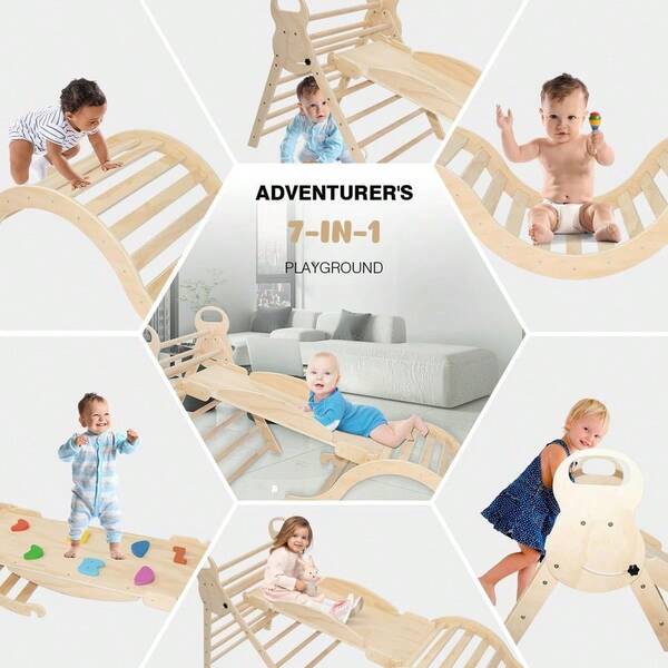 In 1 Large Pikler Triangle Set,Foldable Climbing Toys Wooden Montessori Climbing With Sliding Ramp&Amp;Arch Rocker For Toddl...