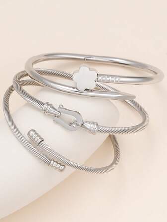 3pcs/Set Women Flower Bracelets, Stainless Steel Cubic Zirconia Bracelet, Silver Bracelet Set, Fashion Jewelry, Christmas, Valentine's Day, Birthday Gift For Girlfriend