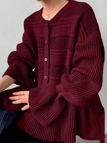 Plus Size Casual Solid Color Round Neck Cardigan, Autumn/Winter - Wine Red - View 2