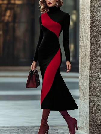 1pc Spring/Autumn Women's Elegant Turtleneck Dress, Color Block Knit Long-Sleeve, Versatile Office & Daily Wear,New YearDress, Elegant Festive Party Dress For Holiday