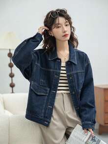 Áo khoác denim xanh đậm cổ điển dành cho nữ, áo khoác cargo dáng rộng thoải mái, phù hợp cho mùa xuân và mùa thu - Màu xanh lam - Xem 5