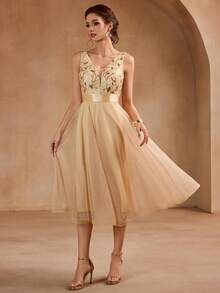 V-Neck Sequin Mesh A-Line Bridesmaid Dress, Christmas Party Dress, Elegant Ladies' Formal Gown, Suitable For Wedding Guests, Graduation Ceremonies, Galas And Other Occasions - Vàng - Xem 8