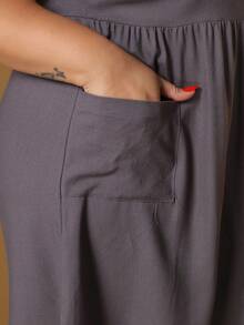 Plus Size Linen Short Dress With Button And Pocket, New Model. - Gris Oscuro - Ver 5