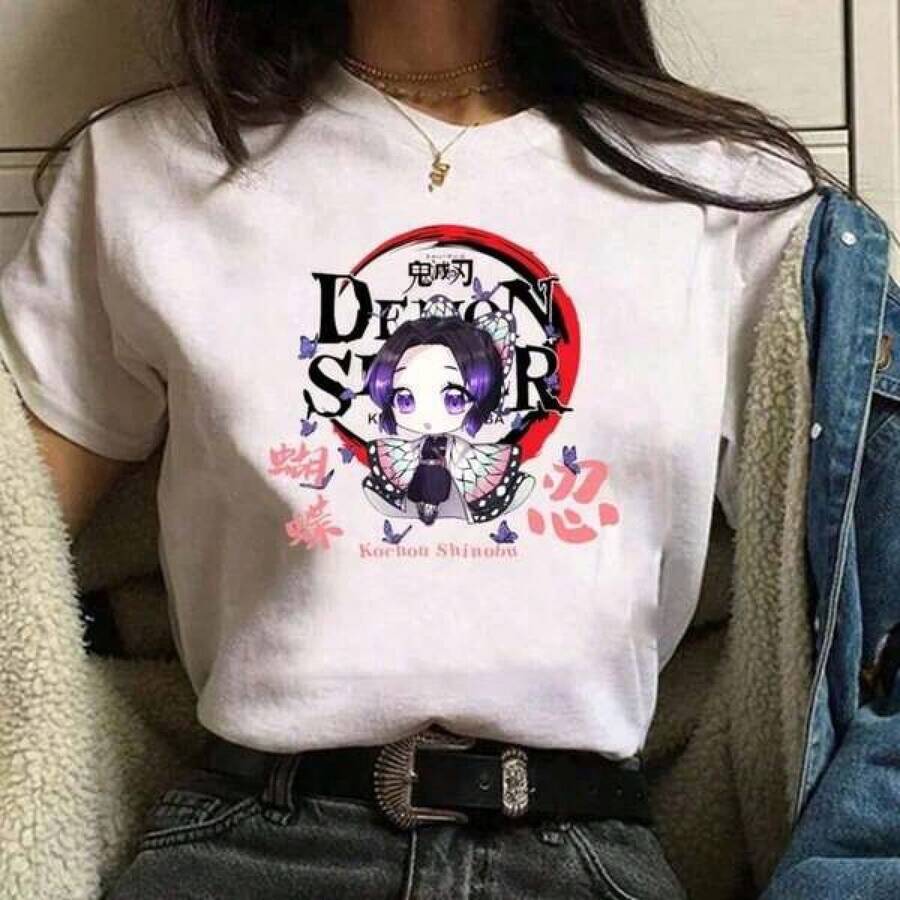 Men's T-Shirt New Cute Graphic Print T-Shirt For Women Kochou Shinobu Anime Harajuku Kochou Shinobu Casual T-Shirt Top, Unisex Short-Sleeved Crew Neck T-Shirt, Fun Graphic Print, 100% Cotton, Japanese Anime Style, Classic Fit, Ideal For All Seasons, Perfect Gift For The Holiday Season (Christmas, New Year, Etc.) - White - View 1