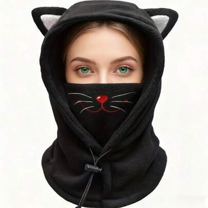 男女通用冬季拉法帽，带耳朵和红色爪印设计 - 防风涤纶面罩，弹性贴合，适合滑雪、单板滑雪、摩托车骑行，节日礼物，摩托车装备，趣味设计，经久耐用