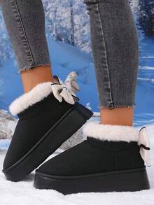 1 Pair Teens' EVA Thermal-Lined Bow Design Anti-Slip Thick Sole Casual Flat Shoes, Suitable For Autumn/Winter - Black - View 5