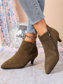 女士优雅简约侧拉链踝靴，细跟，军绿色，秋冬季，猫跟 - 軍綠色 - 查看 6
