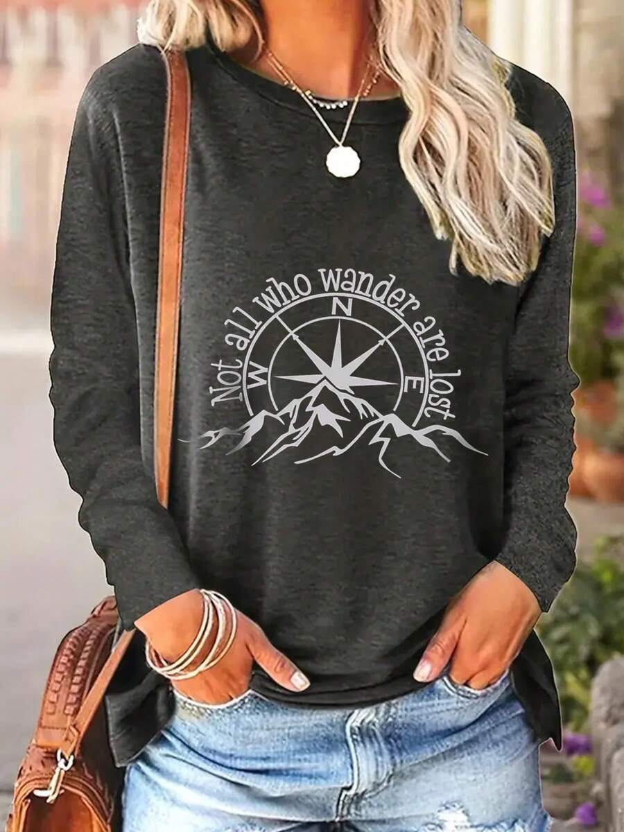 1 Piece Of Printed Round Neck T-Shirt, Casual Long Sleeve Comfortable Daily Wear Top, Suitable For Spring And Autumn, Women's Classic Versatile - 灰色的 - 查看 1
