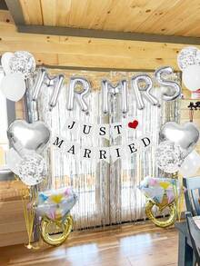 18件套 - 16英寸银色“Mr & Mrs”字母铝箔气球套装，包含“Just Married”横幅、白色乳胶气球、五彩纸屑气球和心形气球，适用于新娘送礼会、单身派对、婚礼、订婚、室内外装饰。 - 彩色 - 查看 4