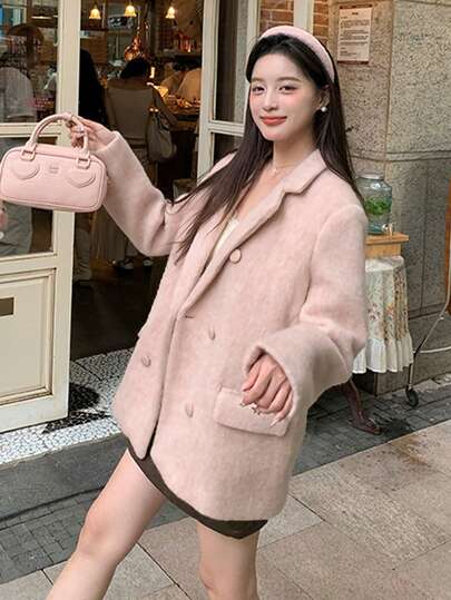 [Y6Y] Women's Fashion Pink Mid-Length Coat, Double-Breasted Loose Woolen Jacket, Suitable For Christmas And Casual Wear