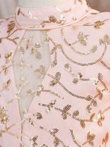 女童亮片刺绣缎面花童拖尾礼服，适合派对和走秀，不含头饰 - 淺粉色 - 查看 7