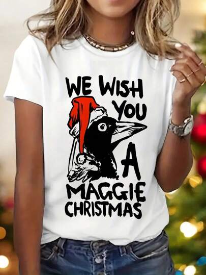 Camiseta gráfica festiva para hombres y mujeres - Diseño de pájaro de Santa "Te deseamos una Navidad Maggie", camiseta de manga corta, blanca, casual, cuello redondo, ropa de humor navideña lavable a máquina, camisetas de Navidad, camiseta con estampado divertido, ropa para todas las estaciones