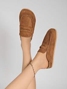 New Autumn Fashion Slippers, Suede Loafer Mule Shoes,Flats - Khaki - View 5