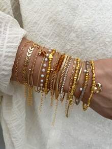 7/19pcs Vintage Elegant Heart Crystal Faux Pearl Snake Chain CCB Beaded Layered Bracelet Set, Women Occasion Gift, Versatile Daily Wear - Yellow Gold - View 2