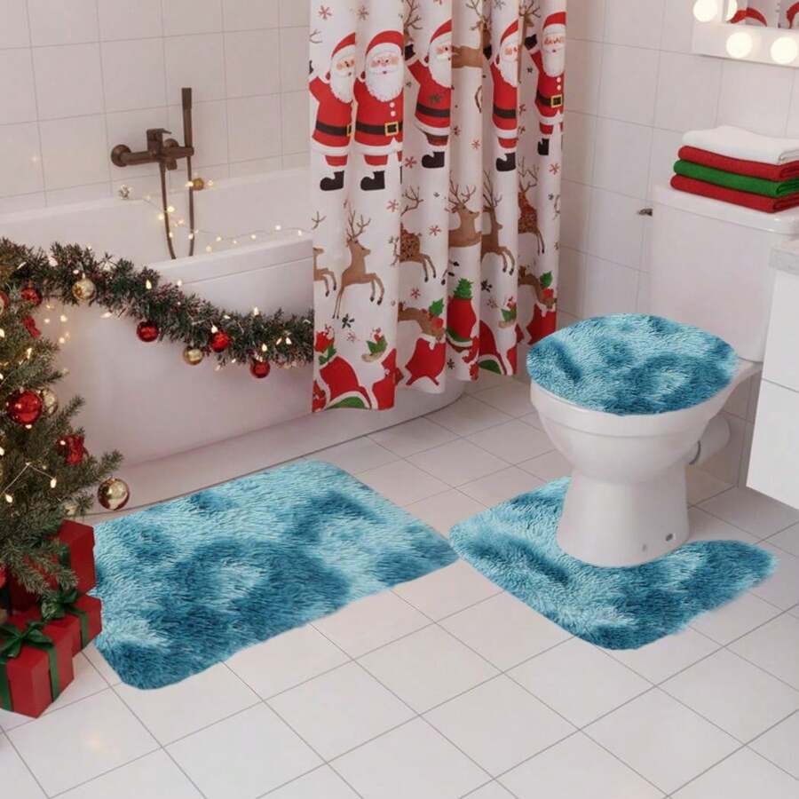 3Pcs Mixed Color Bathroom Rugs Set, Multi Purpose Modern Style Bath Mats Set - Comfortable SoftToilet Carpet, Non-Slip, Fast Absorbent, Machine Washable, Perfect For Bedroom Decor, Tub, Toilet Floor, Shower Room - Màu xanh lam - Xem 1