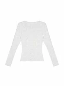 Women's Shoulder Button Closure Fitted Turtleneck Long Sleeve T-Shirt, Minimalist Design - Grey - View 3