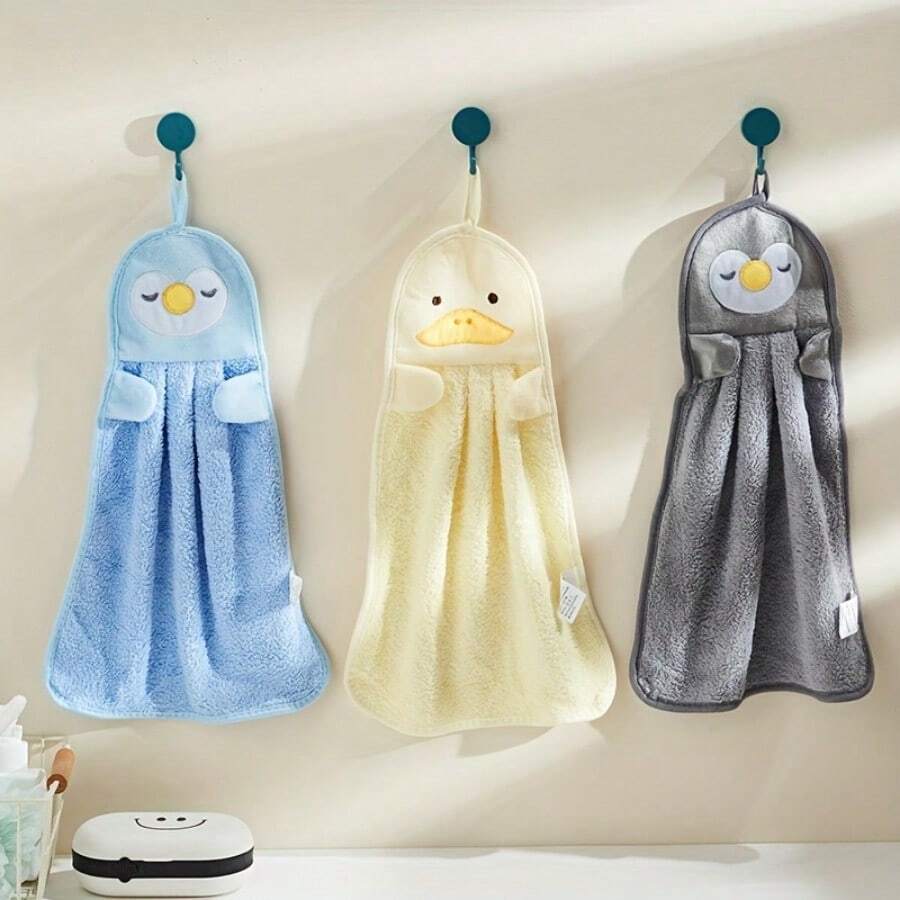 /Cute Duckling And Penguin Animal Themed Fingertip Towel - Soft Polyester Blend Hand Towel With Hanging Rings, Modern Bathroom And Kitchen Towel For Draining Dishes, Hand Washing, Grey Yellow Modern Home Decor (Cute Duckling And Penguin Design), Face Towel - mặc định - Xem 1