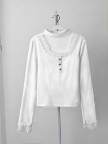 Soulscape 法式优雅黑色蕾丝长袖T恤，女士高端叠穿上衣，春季款 - 白色 - 查看 3