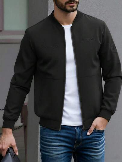 מעיל שחור לגברים, קז'ואל בצבע אחיד עם צווארון בייסבול רקמה, מעיל ארוך שרוולים לספורט חיצוני, קל משקל לאביב ולסתיו